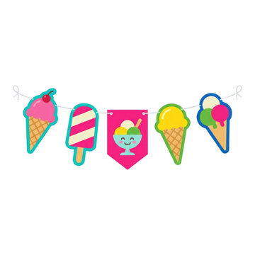 Colorful ice cream and popsicle garland banner for summer party decoration concept