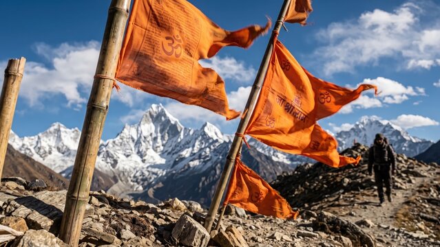  Saffron Prayer Flags Against Himalayan Peaks