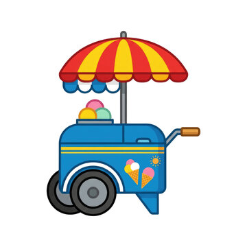 Colorful ice cream vendor cart with striped umbrella selling frozen desserts during summer vacation