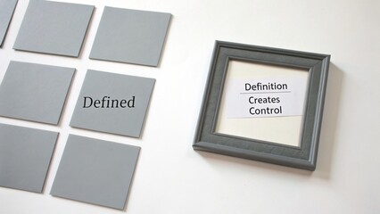 Fototapeta premium Conceptual Illustration of Definition and Control with Grey Squares and Framed Text on Minimalist Background
