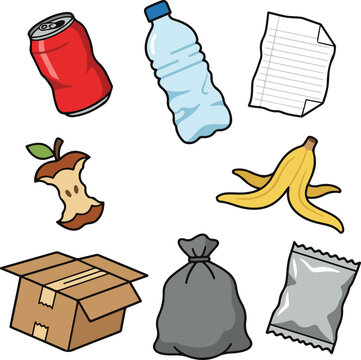 Hand-drawn recycling and waste sorting icon set featuring common recyclable and non-recyclable items, including a soda can, plastic bottle, paper, banana peel, apple core, cardboard box, trash bag, an