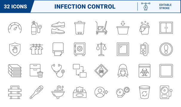 Healthcare isolation room protocol line icon set. Vector pictograms of infection control, protective equipment, patient monitoring, and sanitization elements, thin linear illustration.