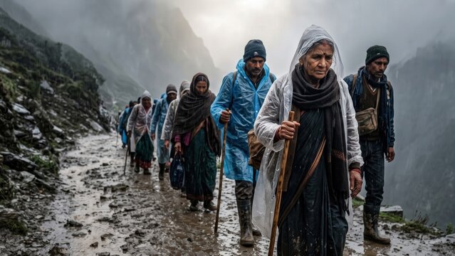 Rain Soaked Pilgrims Trekking Himalayan Trail