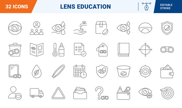 Contact lens education line icon set. Vector pictograms of optometry, eye care, lens maintenance, and vision correction elements, thin linear illustration.