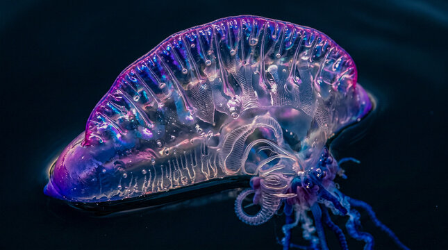 Fotograf&iacute;a macro extremadamente detallada del flotador transl&uacute;cido de una Physalia physalis mostrando texturas, reflejos y colores iridiscentes azul, violeta y magenta.