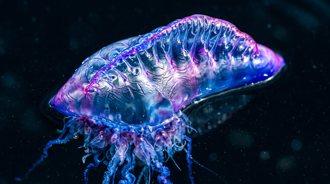 Fotograf&iacute;a macro extremadamente detallada del flotador transl&uacute;cido de una Physalia physalis mostrando texturas, reflejos y colores iridiscentes azul, violeta y magenta.