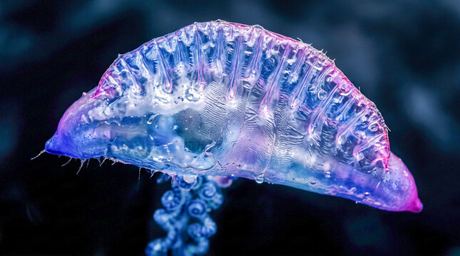 Fotograf&iacute;a macro extremadamente detallada del flotador transl&uacute;cido de una Physalia physalis mostrando texturas, reflejos y colores iridiscentes azul, violeta y magenta.