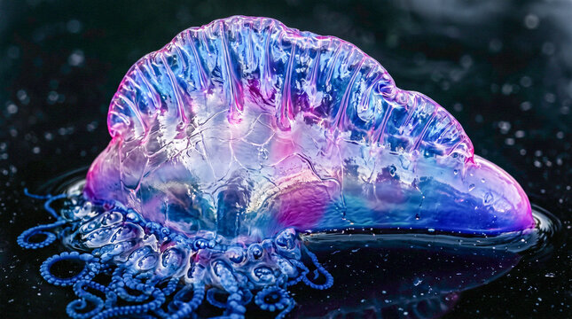 Fotograf&iacute;a macro extremadamente detallada del flotador transl&uacute;cido de una Physalia physalis mostrando texturas, reflejos y colores iridiscentes azul, violeta y magenta.