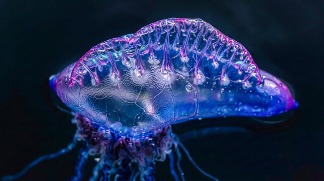 Fotograf&iacute;a macro extremadamente detallada del flotador transl&uacute;cido de una Physalia physalis mostrando texturas, reflejos y colores iridiscentes azul, violeta y magenta.