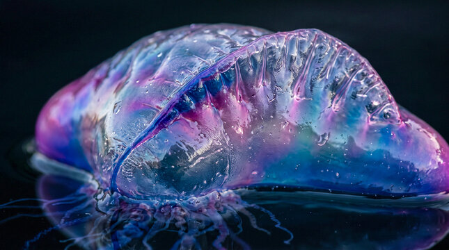 Fotograf&iacute;a macro extremadamente detallada del flotador transl&uacute;cido de una Physalia physalis mostrando texturas, reflejos y colores iridiscentes azul, violeta y magenta.