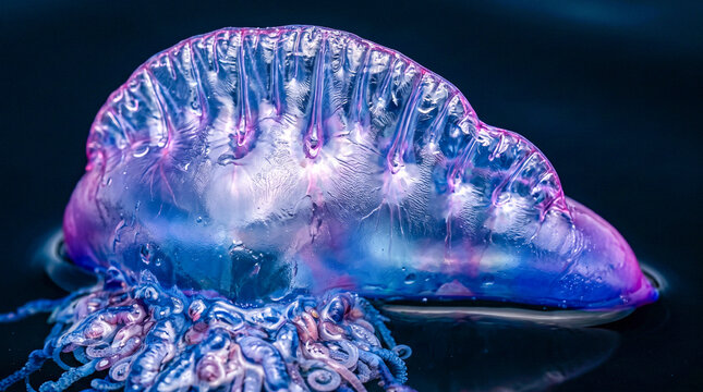 Fotograf&iacute;a macro extremadamente detallada del flotador transl&uacute;cido de una Physalia physalis mostrando texturas, reflejos y colores iridiscentes azul, violeta y magenta.