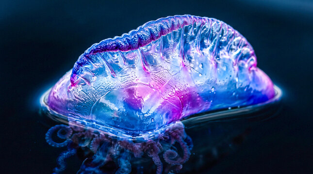 Fotograf&iacute;a macro extremadamente detallada del flotador transl&uacute;cido de una Physalia physalis mostrando texturas, reflejos y colores iridiscentes azul, violeta y magenta.