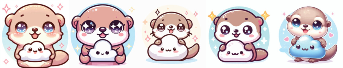 Vector of a cute cartoon otter character holding a cloud icon © FirdianKrisna