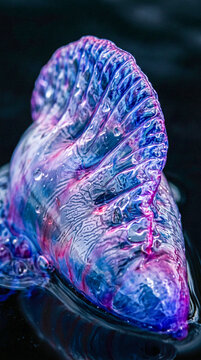 Fotograf&iacute;a macro extremadamente detallada del flotador transl&uacute;cido de una Physalia physalis mostrando texturas, reflejos y colores iridiscentes azul, violeta y magenta.