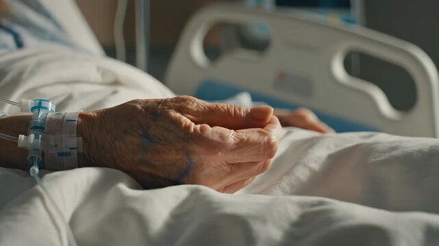Elderly patient hands resting on hospital bed with intravenous line, close view of fragile wrinkled skin in soft clinical light, quiet medical ward scene reflecting aging, illness, care and recovery.