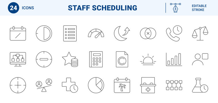 Pharmacy staff scheduling line icon set. Vector pictograms of shift management, roster planning, healthcare workforce, and labor compliance elements, thin linear illustration.