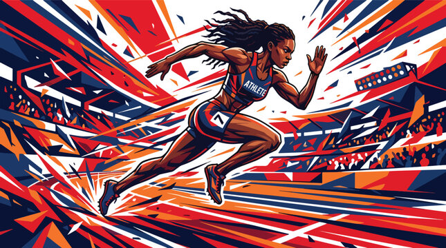 Flat style vector illustration of competitive sprinter racing with explosive speed and striking geometric motion. Perfect for sport poster, athletics event promotion and fitness campaign