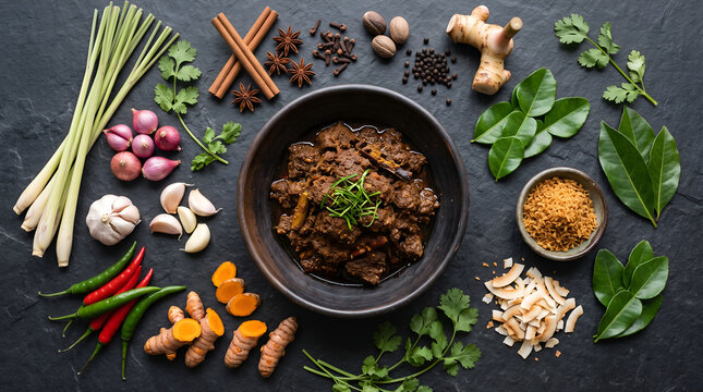 Premium overhead composition of rendang ingredients with authentic Indonesian spices. Perfect for recipe articles, food branding, culinary education, restaurant campaigns, and editorial design.