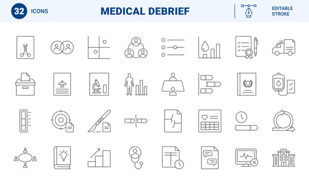 Clinical incident debrief line icon set. Vector pictograms of medical safety, event analysis, healthcare quality, and root cause elements, thin linear illustration.