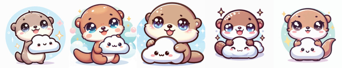 Vector of a cute cartoon otter character holding a cloud icon © FirdianKrisna