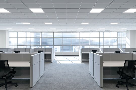Modern, empty office cubicles with bright natural light flooding in