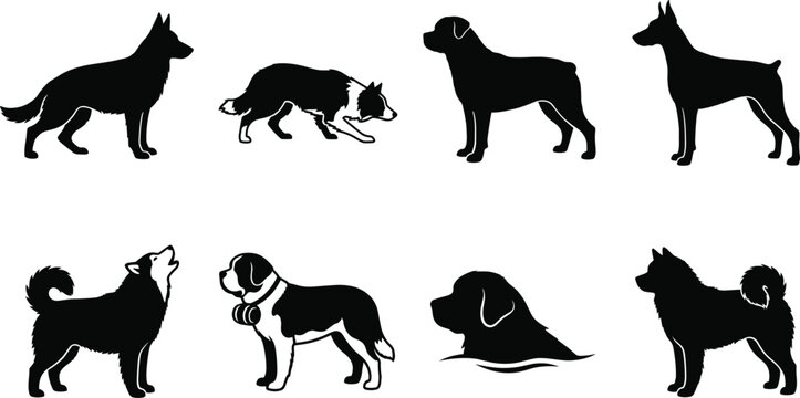 Set of solid black high contrast dog silhouettes featuring various working and herding breeds