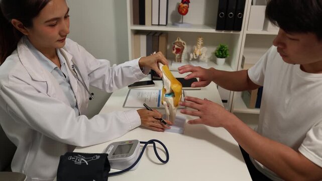 A doctor examines a patient, reviews injuries, and explains knee anatomy with a medical model during an orthopedic consultation in a modern clinic.