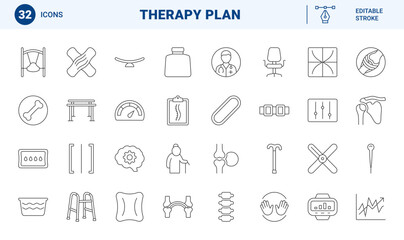Fototapeta premium Physical therapy plan line icon set. Vector pictograms of rehabilitation, clinical exercise, body recovery, and orthopedic care elements, thin linear illustration.