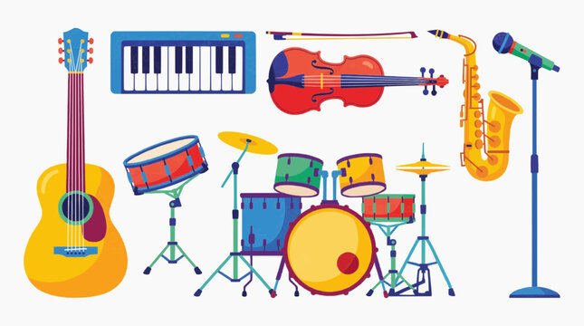 Collection of colorful musical instruments including guitar keyboard violin saxophone drum set and microphone Vector