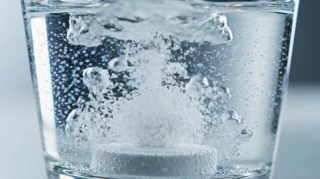 Effervescent tablet dissolving in clear water, rapid fizz and micro bubble release as medicine breaks down, clinical macro pharmaceutical reaction symbolizing treatment, health and chemistry process.