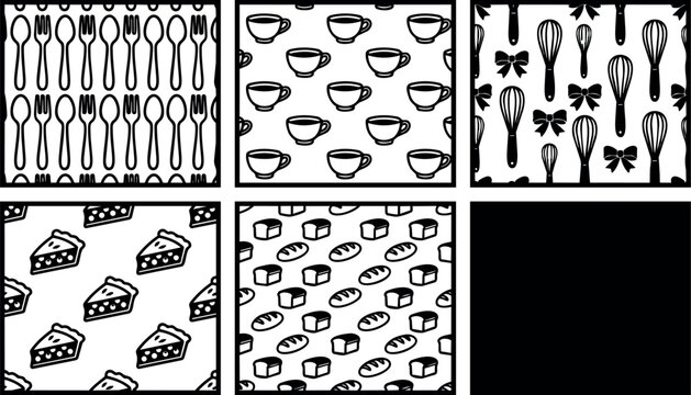 Black and white kitchen utensils pie bread and hearts seamless patterns