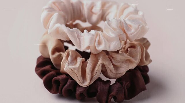 Trendy Silk Scrunchies animation. Trendy Silk Scrunchies Background. Set of Stylish Scrunchies on Color Background.