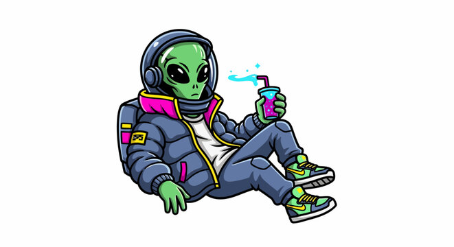 Cool alien in streetwear drinking a beverage.