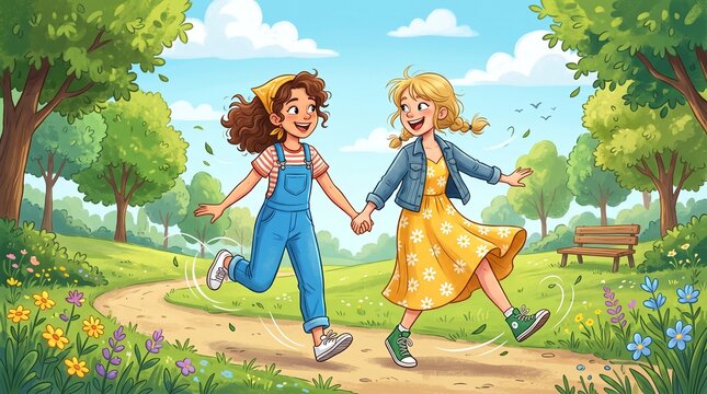 Two happy girls skipping through a sunny park holding hands for Friendship Day. Vibrant cartoon illustration of childhood joy, summer outdoors, and best friends.
