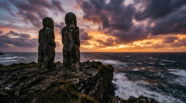 Two stone statues standing together on cliffside at sunset, symbolizing enduring friendship and companionship overlooking stormy ocean waves and dramatic clouds.