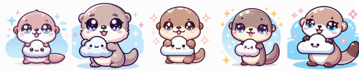 Vector of a cute cartoon otter character holding a cloud icon © FirdianKrisna