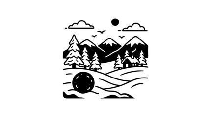 Obraz premium Minimalist Winter Landscape with Cabin and Mountains