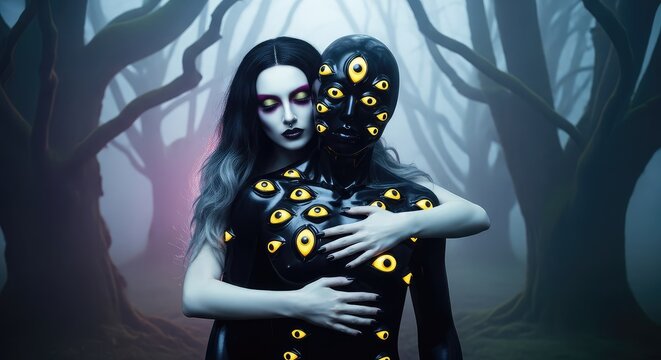 A pale entity with dark makeup embraces a multi-eyed creature in a dimly lit, foggy forest filled with gnarled old trees and thick mist, dark, monster, teeth