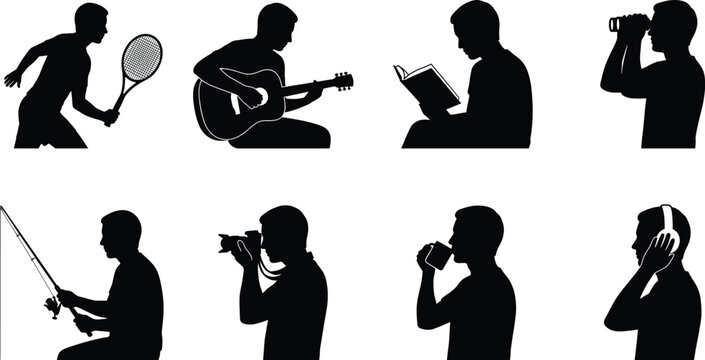 Set of solid black high contrast silhouettes of men engaging in various hobbies and leisure activities