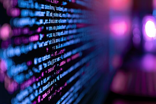 Abstract, glowing digital code streams in purple and blue, out of focus background