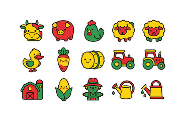 Fototapeta premium Cute farm animals and elements illustration icons set
