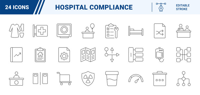 Healthcare quality line icon set. Vector pictograms of hospital administration, clinical compliance, patient safety, and medical audit elements, thin linear illustration.