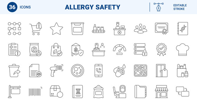 Food allergy safety line icon set. Vector pictograms of allergen protection, medical warning, dietary compliance, and restaurant safety elements, thin linear illustration.