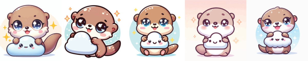 Vector of a cute cartoon otter character holding a cloud icon © FirdianKrisna