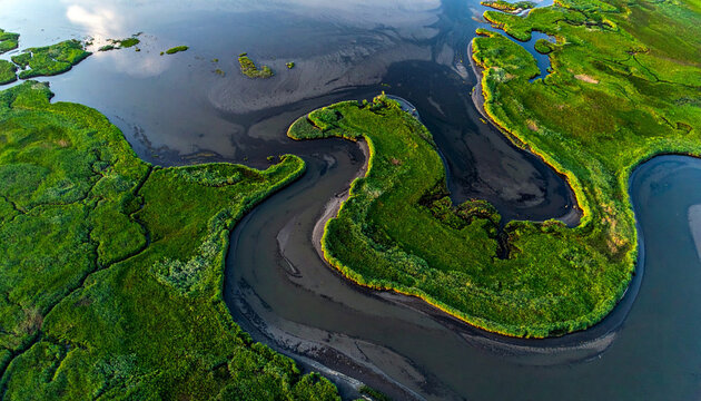 Abstrakte Luftaufnahme von oben auf eine k&uuml;stennahe Salzmarsch, gewundene smaragdgr&uuml;ne Schilffelder trennen dunkelgraue Brackwasserkan&auml;le, organische Linienf&uuml;hrung