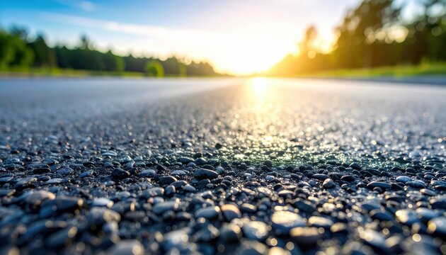 Empty asphalt road stretching towards the sun at sunset with trees on the side.