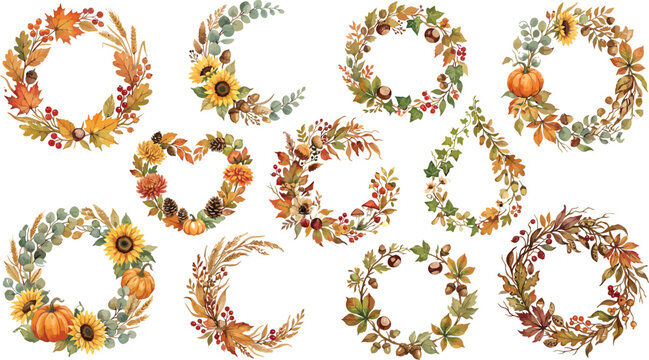 A collection of beautiful watercolor autumn wreaths and frames featuring fall flowers leaves pumpkins and berries isolated on a white background for seasonal designs