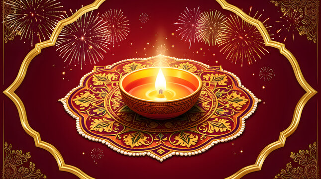 Traditional Diwali Diya oil Lamp with Mandana Pattern and Golden Frame