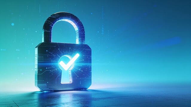 Digital padlock with illuminated checkmark and keyhole for cybersecurity, verified access and data protection