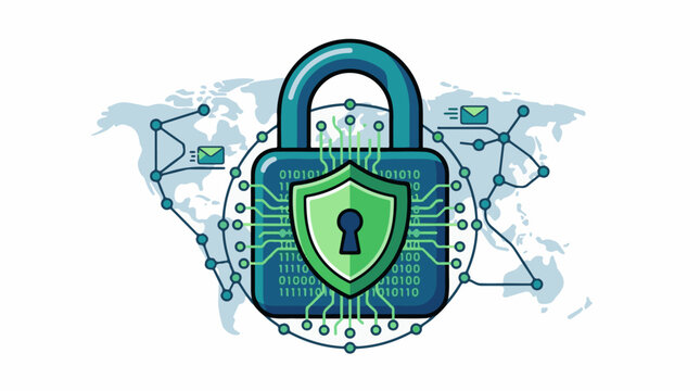 Digital lock on world map with network connections and binary code
